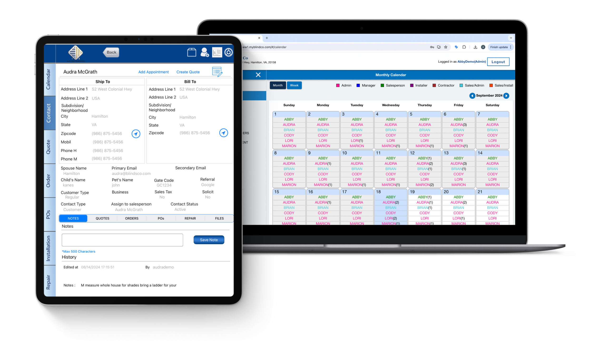 MyBlindCo Window Treatment Software - Contact and Calendar