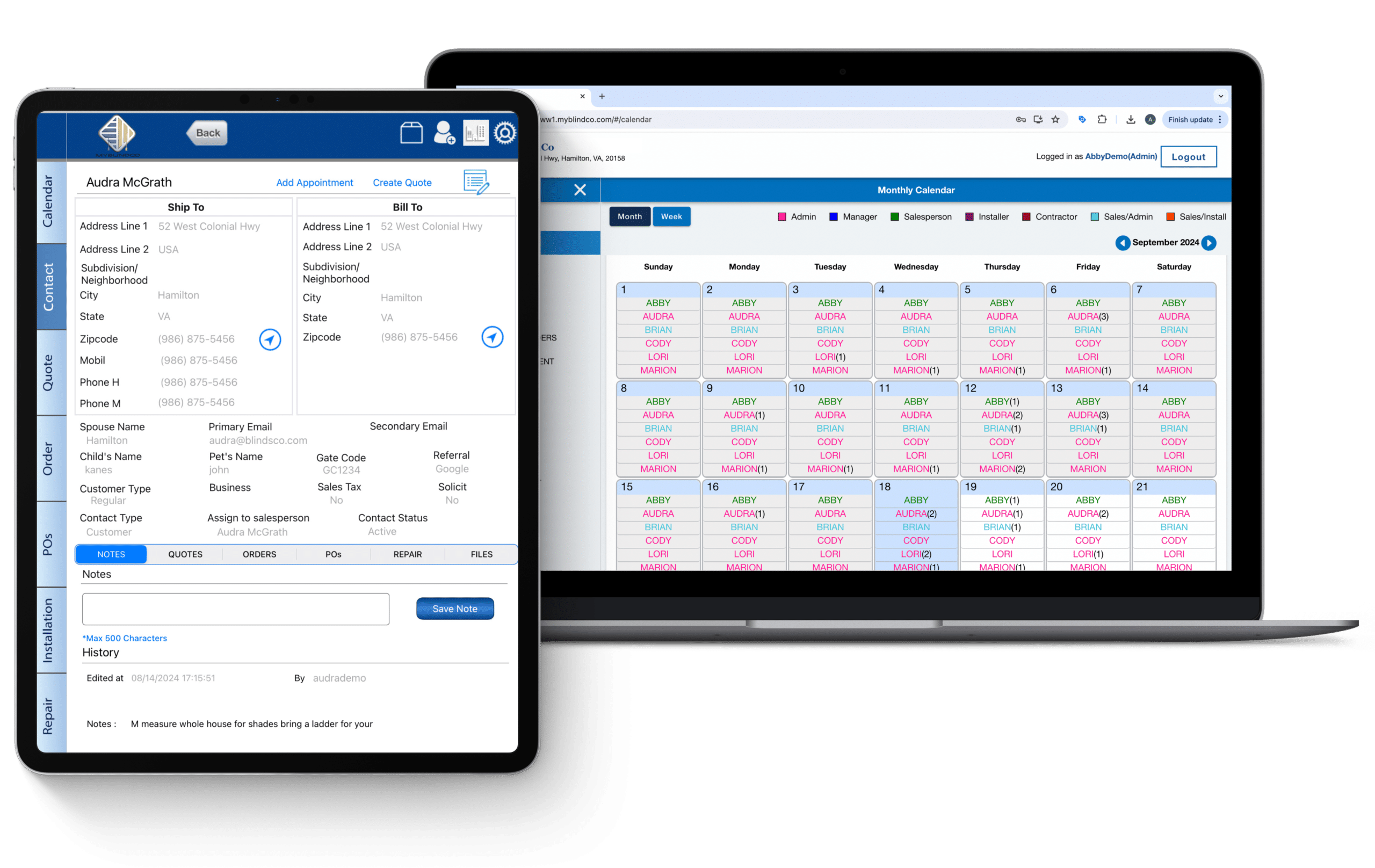 MyBlindCo Window Treatment software calendar and contacts pages. Retail services